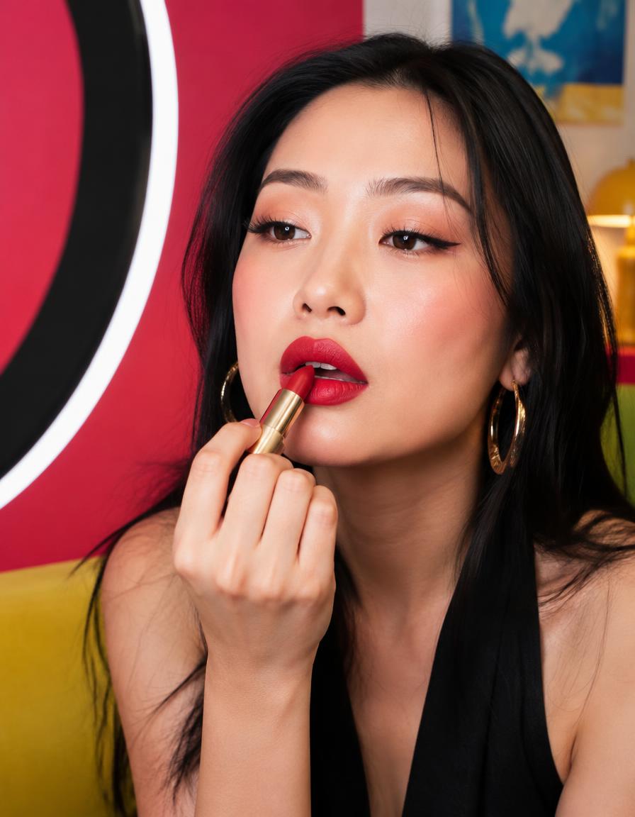 A beauty creator applying red lipstick in a colorful studio